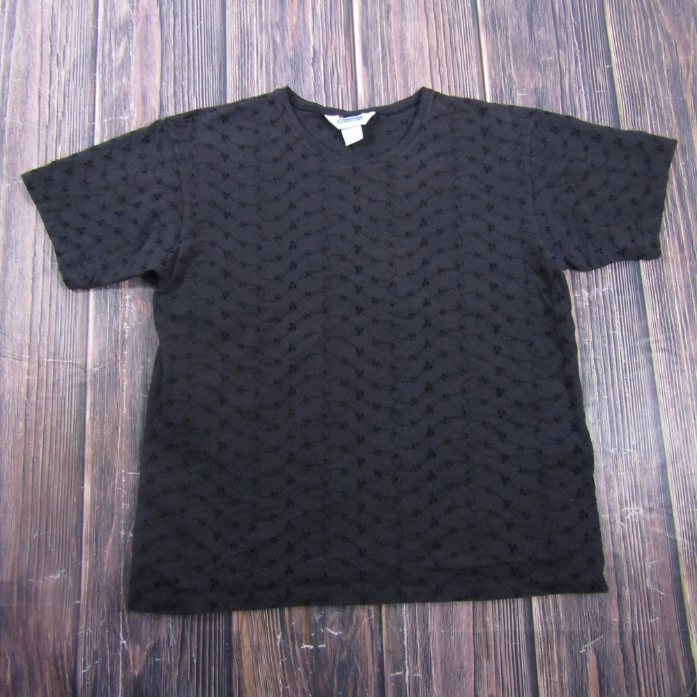 Vintage Partners T-Shirt Womens M Black Crew Neck Floral Eyelet Cotton